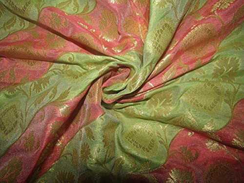 Tissu brocart de soie vert rose doré BRO701A au mètre 111cm