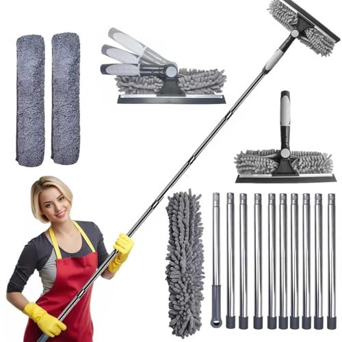 Ccarzzi 4.3M/170IN Window Cleaning Equipment, Removable Window Squeegee Cleaner Tool Kit with Long Handle, 2 Replaceable Cloth Covers, for Indoor and Outdoor High Wall