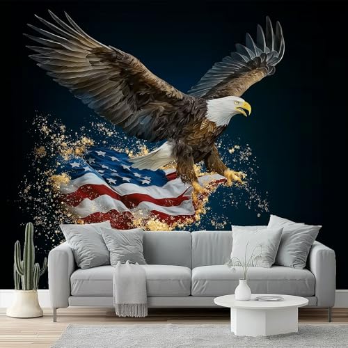Papel pintado Águila calva, bandera nacional, estilo americano Papel pintado tejido no tejido 200 x 140 cm decoración Pared decorativos Tv Fondo Pared Dormitorio Murales Papel Tapiz Moderno Oro azul