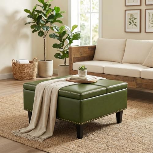 AKMAKM 31.5" Faux Leather Square Ottoman with Storage Green |