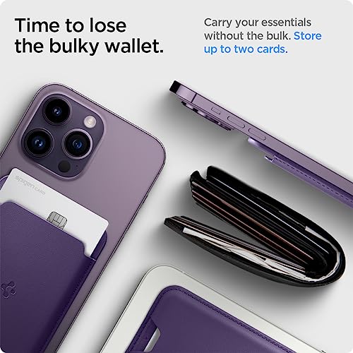 Image of Spigen for MagSafe Wallet, Holds 2 Cards, MagFit Compatible with iPhone 17 /16 /15 /14 /13 /12 Models, Pixel 10 Series, MagSafe-Cases, Pixelsnap and More, Card Holder - PU Purple (2-Cards) | Vegan leather MagSafe wallet for iPhone 17-12 Series and PixelSnap Cases - Purple
