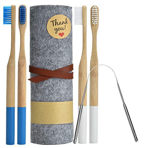 Bamboo Toothbrush 4 Pack with Tongue Scraper and Travel Case
