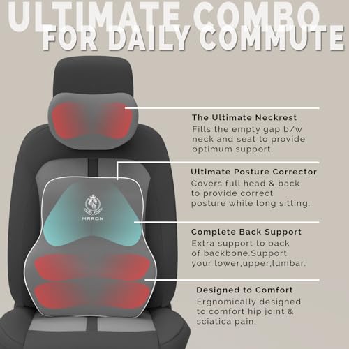 Image of MRRON Series Memory Foam Neck Rest & Lumbar Support for Car or Office Chair, Neck Pillow Kit Designed Ergonomically for Extra Support (Grey, Long Bac)