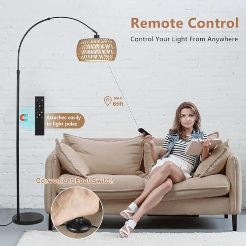 Arc Floor Lamps for Living Room with 3 Color Temperatures, Black Standing Lamp with Remote & Dimmable LED Bulb, Rattan Boho Floor Lamp, Farmhouse Tall Lamp for Bedroom, Over Couch Arched Reading Light - Thumbnail 6