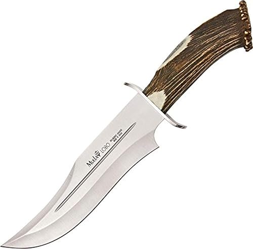 MUELA LOBO-23S - Cuchillo de caza con mango de corona de ciervo rojo genuino con funda de cuero, 9-1/6 pulgadas