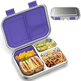 BOSEDSANG Stainless Steel Kids Leak-Resistant Bento Lunch Box, 3-Compartments with Silicone Container, Dishwasher-Safe, Child-Friendly Design for School, Picnics & Travel,BPA-Free(Purple)