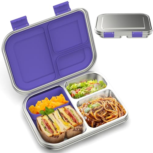 Image of BOSEDSANG Stainless Steel Kids Leak-Resistant Bento Lunch Box, 3-Compartments with Silicone Container, Dishwasher-Safe, Child-Friendly Design for School, Picnics & Travel,BPA-Free(Purple)