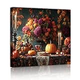 秋の収穫キャンバスプリントカボチャのローソク足ウォールアートエレガントなフラワーアレンジメントウォールデコレーションダイニングルームリビングルームの家の装飾70x70cmインナーフレーム