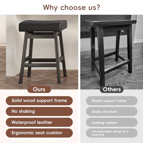 Butacos de altura para barra de 26 pulgadas, juego de 2 unidades, sin respaldo, asiento tipo silla de montar con tapizado en cuero sintético, estilo moderno para isla de cocina, comedor o bar en casa (Negro) miniatura 6