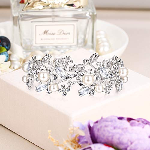 EVER FAITH Austrian Crystal White Simulated Pearl Bridal Floral Leaf Tennis Bracelet Clear 5
