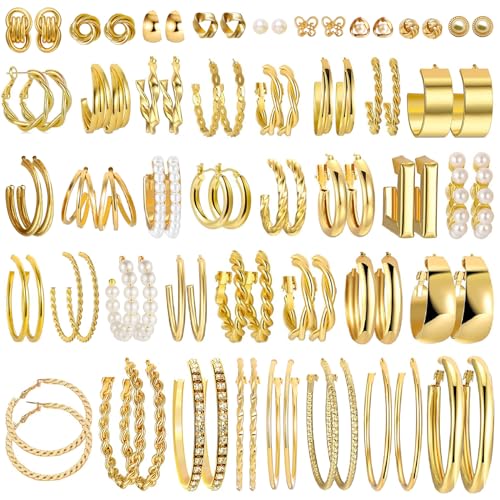 41Pairs Gold Hoop Earring Sets for Women, Fashion Chunky Pearl Earrings Multipack Twisted Statement Earring Pack Small Pearl Earrings for Gift ﻿