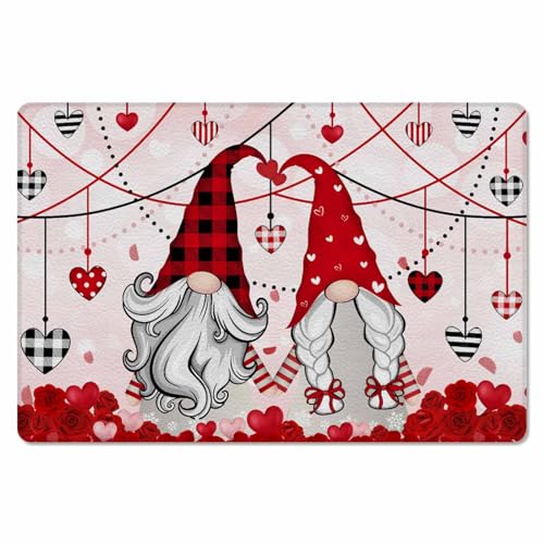 Love Gnomes Kitchen Bath Door Mat Cushioned Runner Rug,Washable Welcome Floor Sink Antifatigue Mat,Waterproof & Non-Slip Comfort Standing Doormat,Valentine's Day Red Rose Flower Dots 20