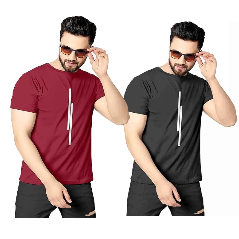 Image of Classic Men Solid Polyester Round Neck Tshirt || 11 Lines Graphic, Regular Fit, Comfortable T-Shirt for Men (Pack of 2)
