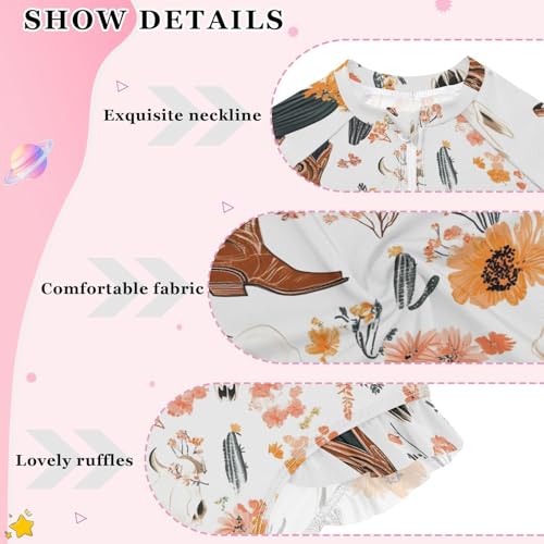 Girls One Piece Swimsuits Long Sleeve Swimsuit Zipper Bathing Suits Western Cowboy Boots Cactus Flower Pattern3