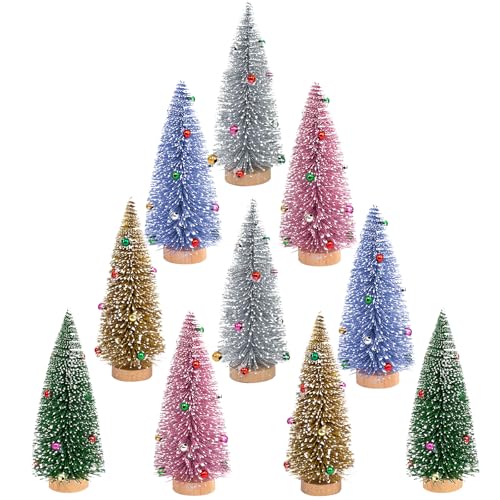 Bigqin 10 mini árvores de Natal, 10 cm pequena árvore de Natal coberta de neve, decoração natalícia para o Natal e advento, árvores de Natal de mesa em prata/verde/azul/rosa/ouro