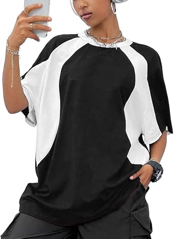 Womens Fall Streetwear Oversized Shirts, Y2k Baggy Color Block Raglan Summer Tees Top
