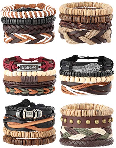 Milacolato 26Pcs Woven Braided Leather Bracelet for Men Women Hemp Cords Wood Beads