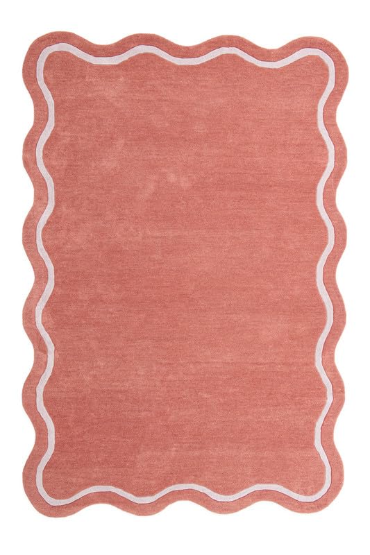 Image of Hand-Tufted Wool Area Rug - 7x11 Ft, Solid Coral Pink Scalloped Edge Rug with Elegant Border, Soft Plush Handmade Wool Carpet for Hallway, Living Room, Bedroom, Nursery & Home Decor
