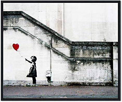 Wieco Art Black Framed Canvas Prints Wall Art of Banksy Grafitti Girl with Red Balloon Grey Love Pictures Paintings for Living Room Bedroom Home Decorations BANKSY-1-3040-BF