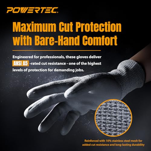 Image of POWERTEC Cut-Resistant Work Gloves ANSI A5 - Touchscreen-Compatible, Oil-Resistant Grip, Breathable & Washable Safety Gloves for Construction, Tile Installation & Metalwork, 1 Pair, Size L (72376)
