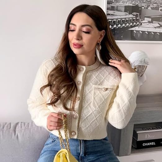 URBAN REVIVO Women's Knit Cardigan Sweaters Casual Long Sleeve Open Front Button Down Cropped Jackets - Image 3