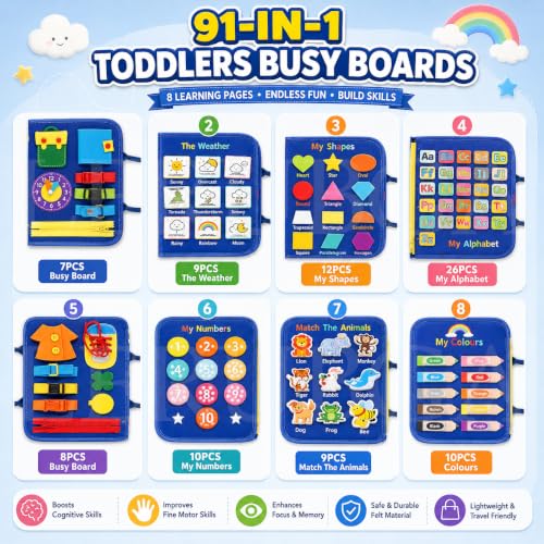 Image of 12 in 1 Toddler Busy Binder Learning Educational Board for Kids Sensory Board Preschool Education Learning Fine Motor Skills Montessori Busy Board Educational Busy Book for Learning