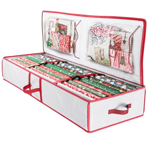 Almacenamiento para papel de regalo de Navidad, bandeja de almacenamiento duradera debajo de la cama, bolsas de almacenamiento para papel de regalo con bolsillos para cintas, decoraciones y accesorios