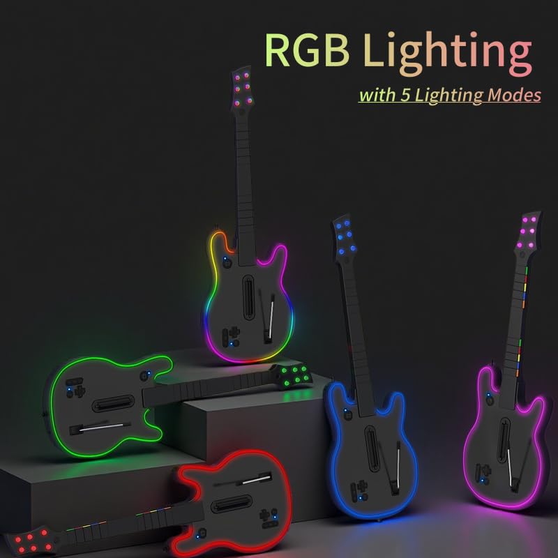 Multiple Lyvix Guitar Hero Controllers displaying different RGB lighting colors: green, red, blue, and purple.