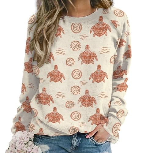 Sweat-shirt imprimé tortue pour femme à col rond vintage et manches longues