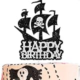 Pirate Cake Topper Happy Birthday Black White Glitter Theme Decor for Kids Nautical Party Decoration