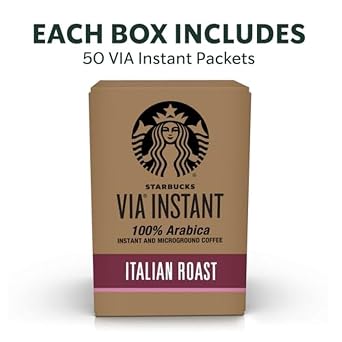 Starbucks VIA Instant Coffee, Dark Roast Coffee, Italian Roast, 100% Arabica, Single-Serve, 1 Box (50 Packets)
