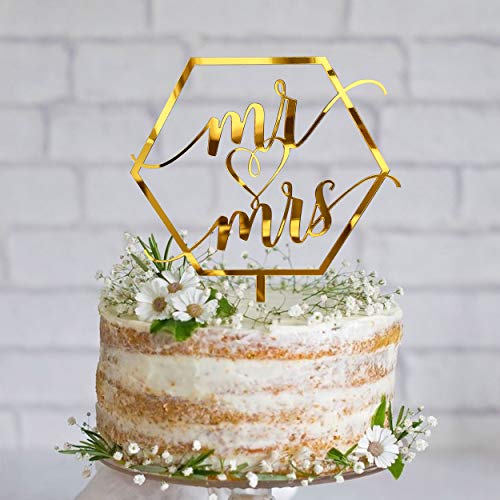 Larger Size Acrylic Mirror Gold Hexagon Elegant Handwriting Mr And Mrs Cake Toppers, Wedding, Bridal Shower, Engagement, Anniversary Monogram Cake Decorations #TOP1