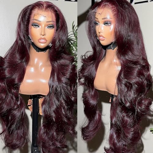SISIFIRE Synthetic Lace Front Wigs for Women Dark Red Loose Deep Wave Wig Glueless HD Lace Front Wig Pre Plucked with Baby Hair Long Wine Red Wavy Wigs