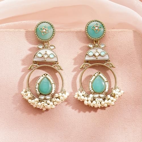Image of Rubans Drop Earrings Stylish Jewellery with Aqua Green Stone & Pearls Gift for Women & Girls