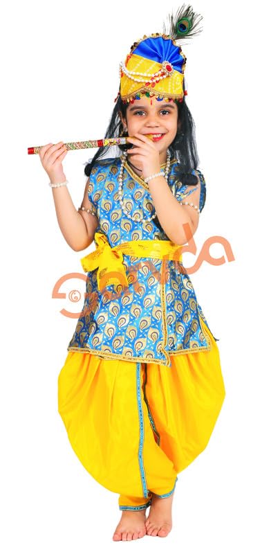 Image of Sarvda Shree Krishna Dress for Baby Boy & Radha Dress for Girls | Janamashtami Dress | Fancy Dress Costume with Accessories Dhoti, Dupatta, Mukut Flute Complete set, Ethnic wear