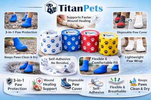 Image of Dog Bandage Cohesive Wrap for Paw & Leg | 5cm x 4.5m - Pack of 4 | Easy Tear, Fur Safe | Self Adhesive Elastic Vet Tape for Walking Protection, Wound Care & Licking Prevention Bandage Roll