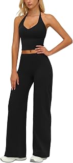 Womens Workout Sets Two Piece Matching Gym Yoga Pilates Outfits | Halter Tank Top Layered Sports Bra & Wide Leg Palazzo Flared Gauchos Pant Cropped Leggings Athletic Running Summer Clothing