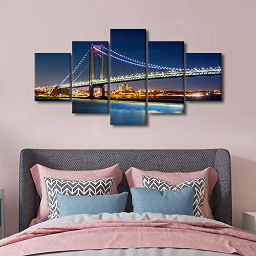 5 Pieces Verrazano Narrows Bridge Wall Art Decor Landscape Canvas Prints Brooklyn Natural Scenery Canvas Prints Living Room Wall Decor Art Giclee Gallery-Wrapped Posters and Prints - 60"Wx32"H by TUMOVO - Image 3