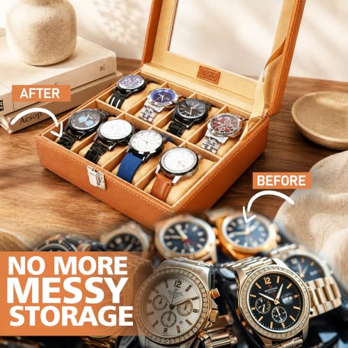 Image of LEDO Watch Box Holder Organizer Case in 8 slots of Watches with Transparent Look Tan & Cream color Velvet