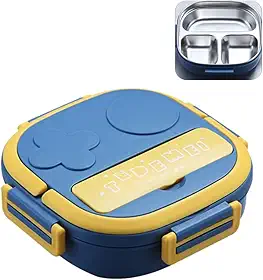 Marmita Lancheira Térmica Infantil e Adulto Portátil Recipiente Para Comida com 3 Compartimentos Reutilizáveis de Aço Inoxidável à Prova de Vazamentos (Azul)