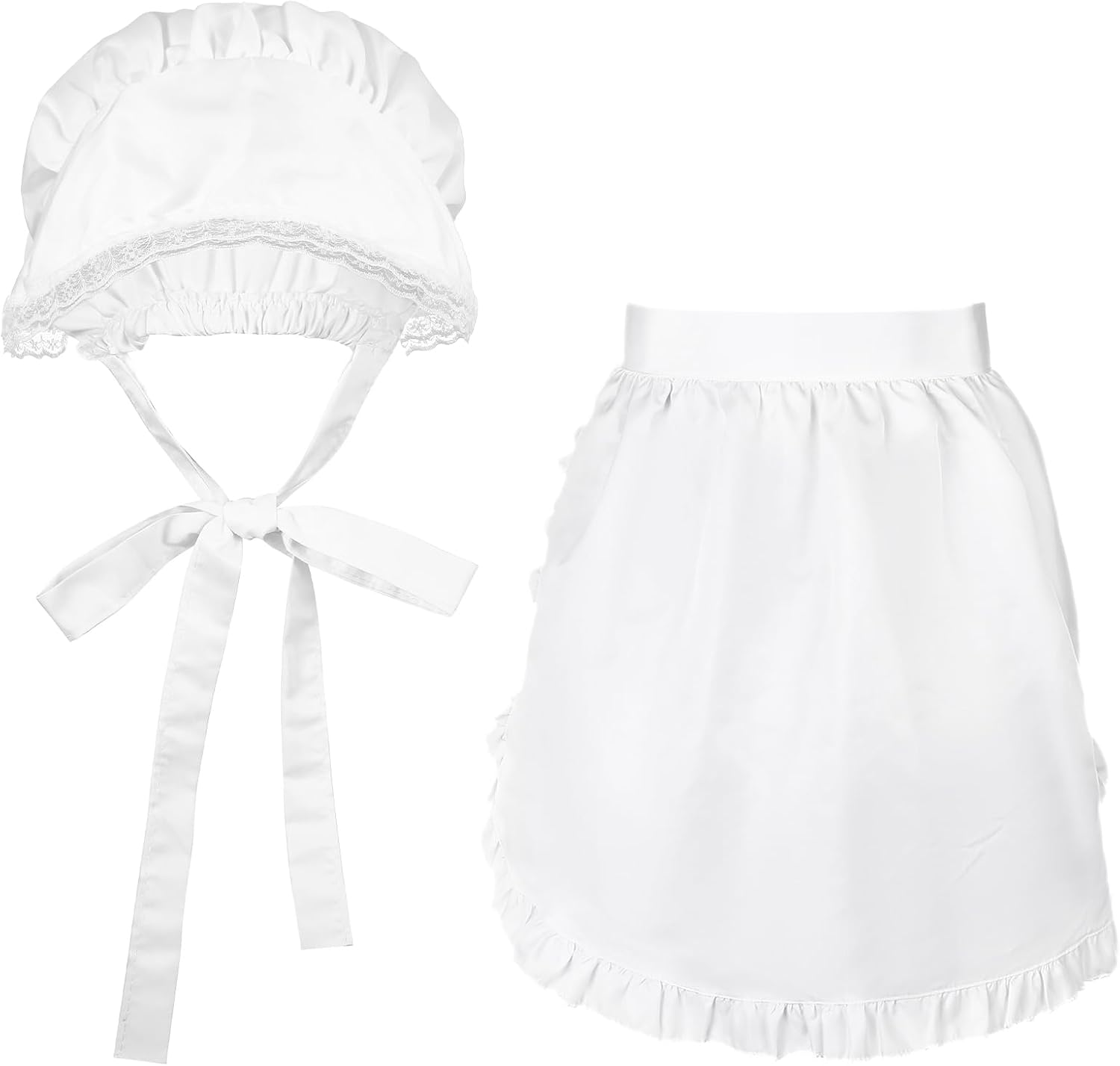 2pcs White Mob Cap Half Apron Halloween Colonial Costume Set | Women Pilgrim Costume Accessories for Maid Girl Cosplay colonial costume women maid costume for women