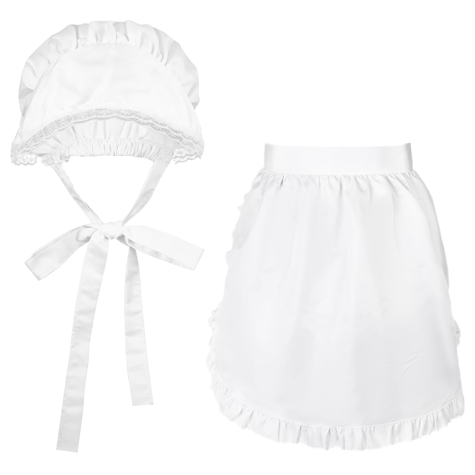 Tucnoeu 2pcs Colonial Costume Set, White Mob Cap Half Apron Victorian Costume Women, Women Pilgrim Costume Accessories for Halloween Maid Girl Cosplay — image 1