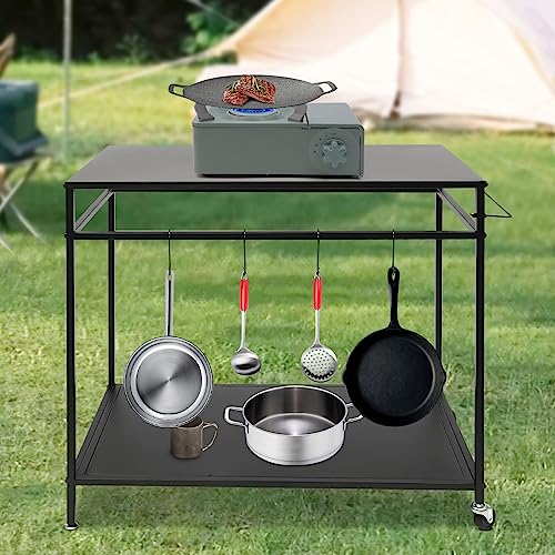 CNCEST Outdoor Grill Cart, Double-Shelf Movable Cooking Table, Outdoor Dining Cart with Storage and Spice Rack, Movable Kitchen Cart on Wheels,Kitchen BBQ Food Prep Table for Grill -Black - Thumbnail 5
