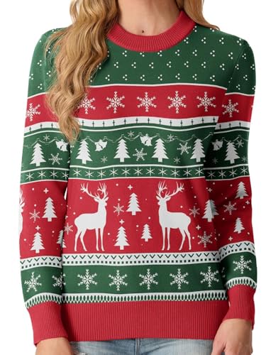 Image of QIXING Christmas Jumper for Women, Red-Green Reindeer & Xmas Tree, XS