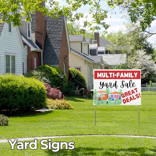 Multi-Family Yard Sele – Great Deals! Yard Sign by DC | 24\"x18\" Double Sided Yard Sele Garden Sign with 13” Metal Stakes | Waterproof Signs for Lawn, Patio, Sidewalk & House | Set of 1 | Made in USA