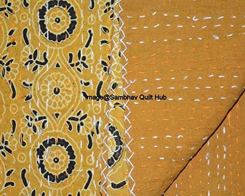 Yellow Path Quilting Hippie Kantha Ajarkh Hippie Handmade Queen Size Kantha Bedspread Ajrakh Reversible Hand Stitched Cotton Kantha Quilts Bohemian Floral Kantha Twin/Queen (60X90 inch)