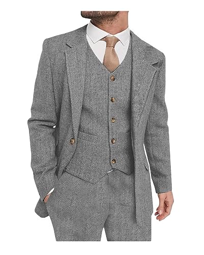 HZUOU Notch Lapel Herringbone Tweed Men Suits Wool Blend Wedding Tuxedo for Men Slim Fit One Button Jacket Vest Pants UOU32