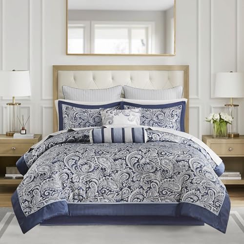Image of Madison Park Aubrey Cozy Comforter Set, Faux Silk Jacquard Paisley Design - All Season Down Alternative Bedding with Cotton Bed Sheets, Bed Skirt & Toss Pillows, California King Navy 12 Piece
