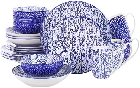 vancasso Takaki Porcelain Dinner Set for 4, Japanese Style Crockery Blue Dinnerware Tableware, 20 Pieces Dinner Service with Dinner Plates, Dessert Plates, Cereal Bowls, Soup Bowl and Mug