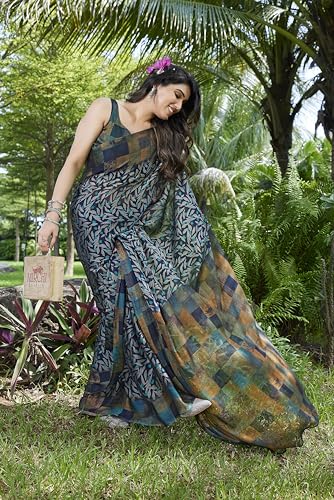 Image of MIRCHI FASHION Women Saree | Chiffon Leaf and Checked Print Professional Office Sari with Blouse